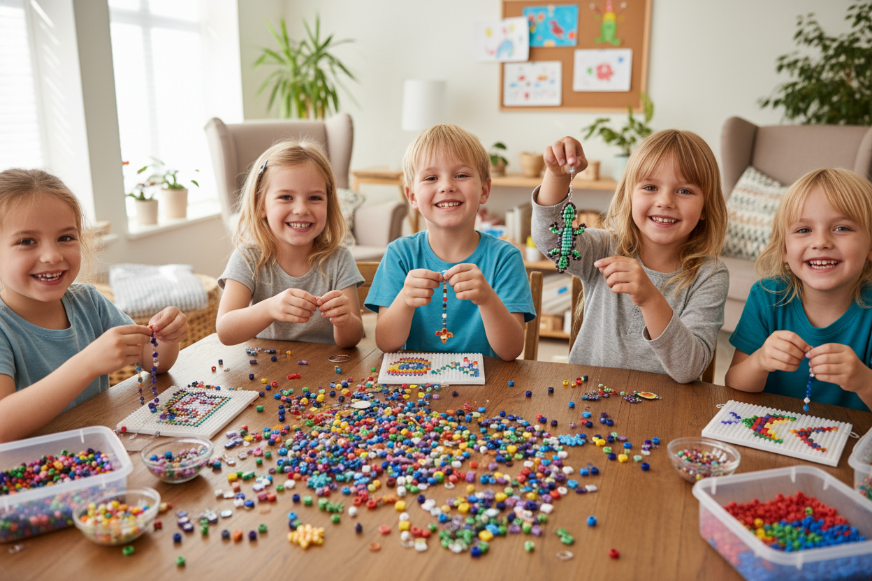 niños pequeños jugando con mostacillas y cuencas que se vean alegres, similares a mi producto